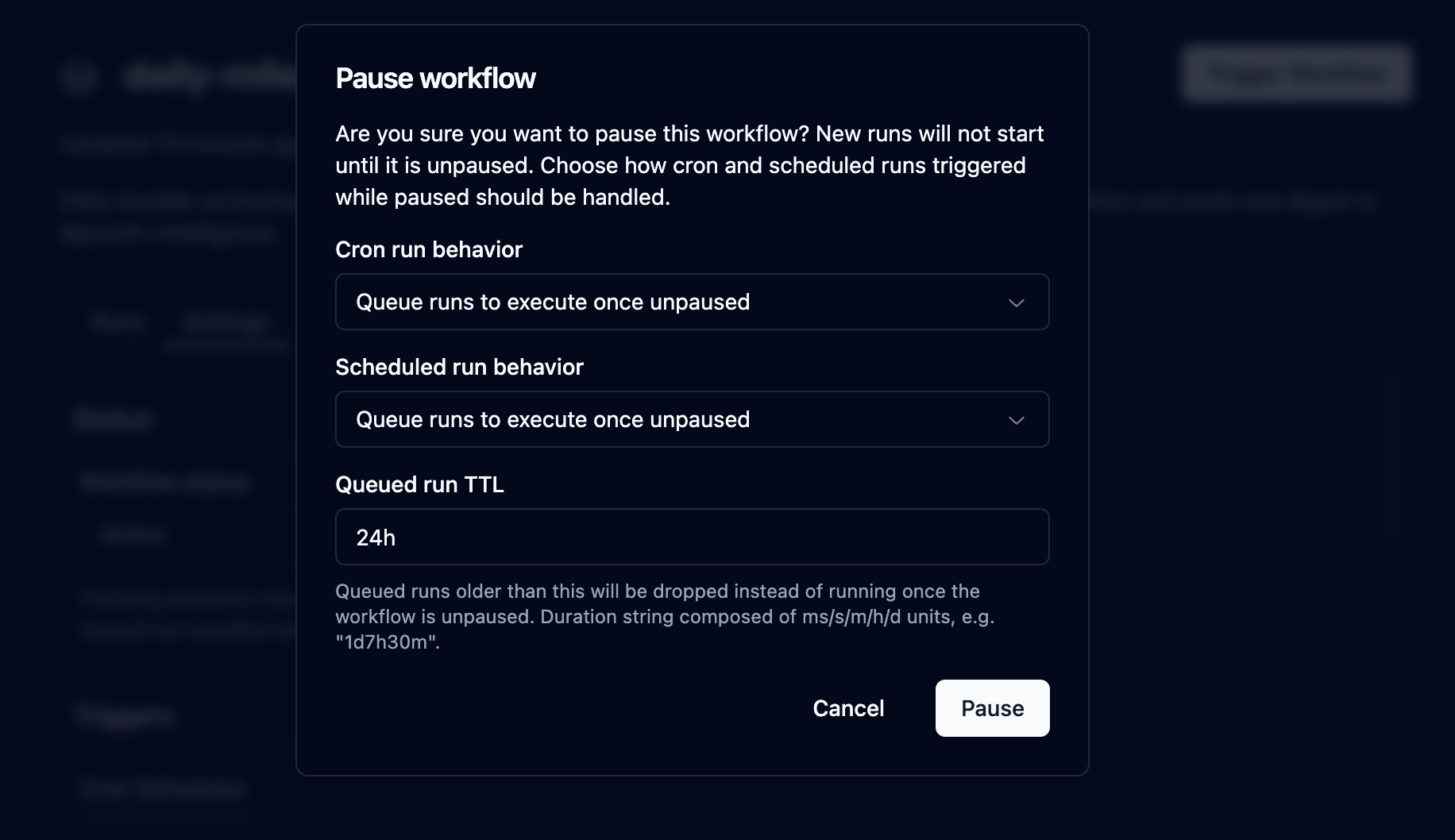 Pausing a workflow from the dashboard
